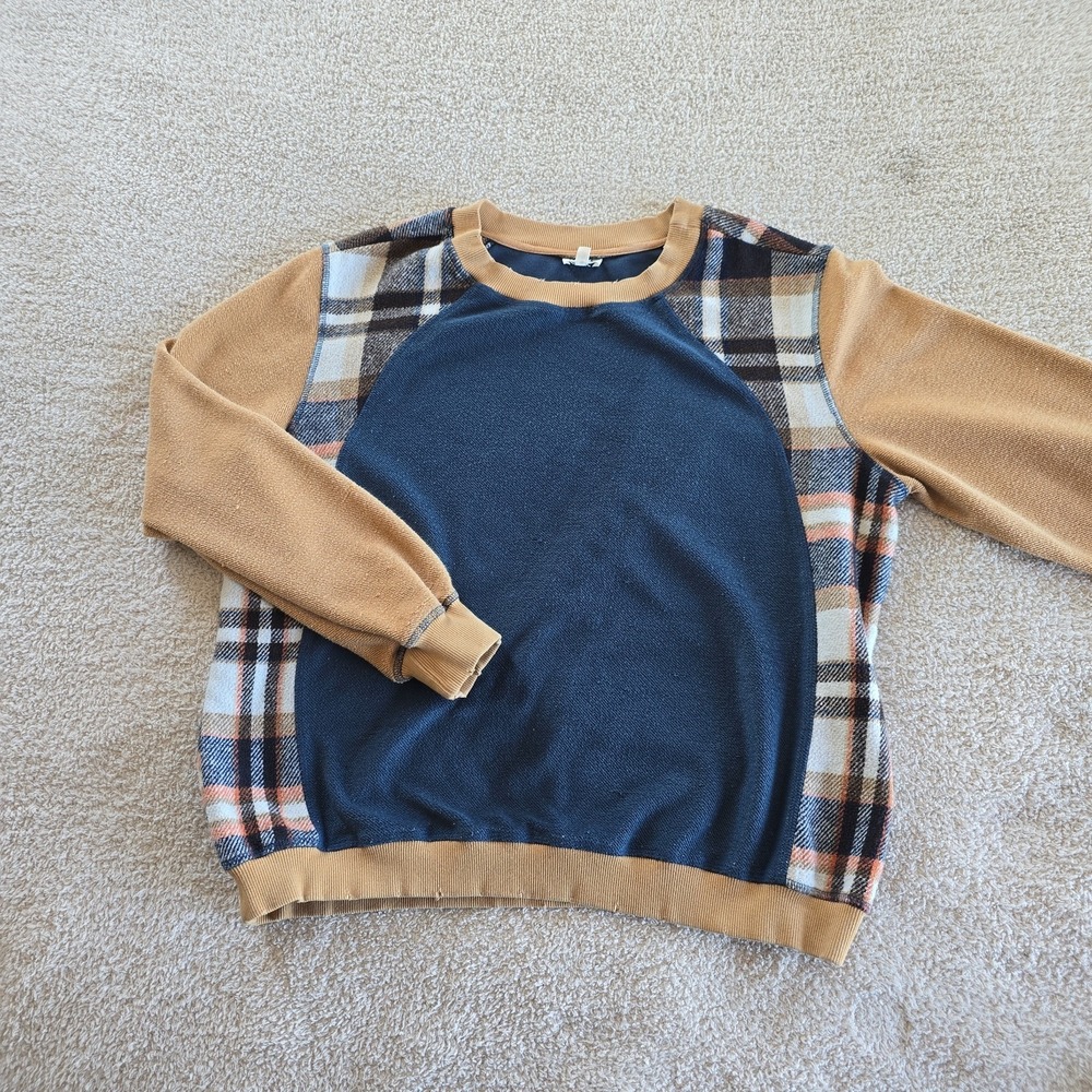BKE Pieced Plaid Pullover‎ Knit French Terry Raw Edge Sz M Brown Blue